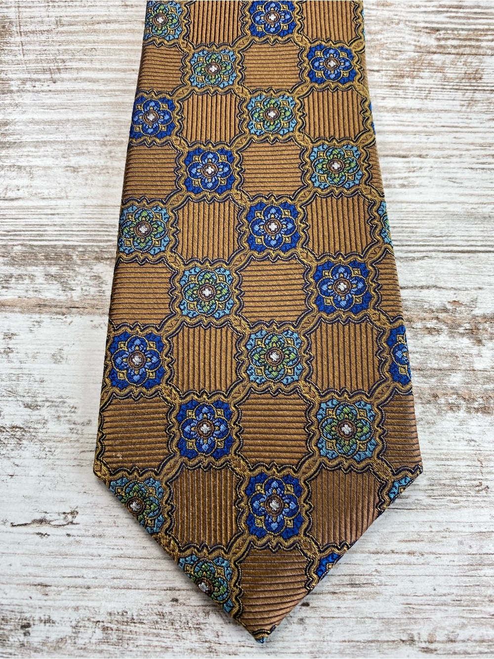 Bruno Piattelli Roma Vintage 100% Silk Tie Brown Blue Floral Geometric 59”